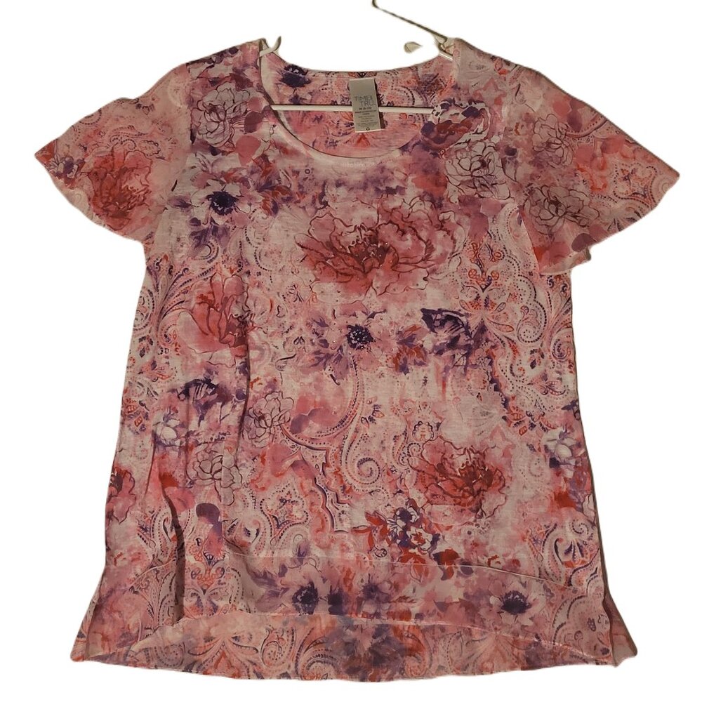 Time And Tru Womens Sz M 8-10 Multicolor Floral Short Sleeve Top